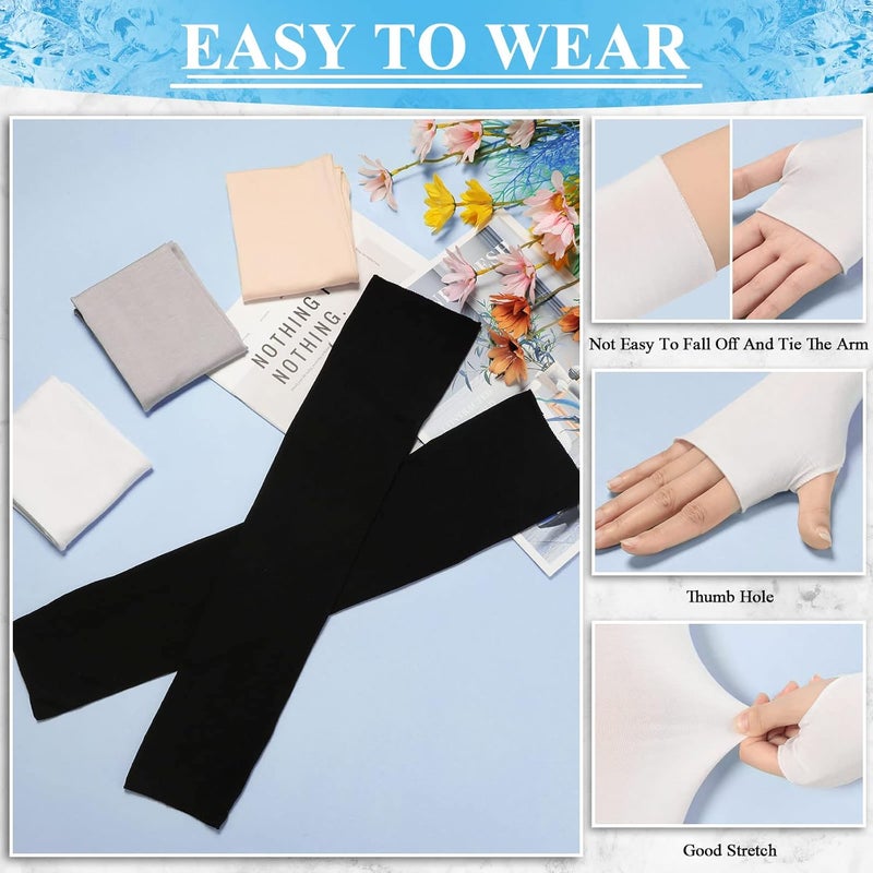 Meanplan 4 Pairs Women Sun Arm Sleeves Long Fingerless Gloves Warmers with Thumb Hole - Image 4